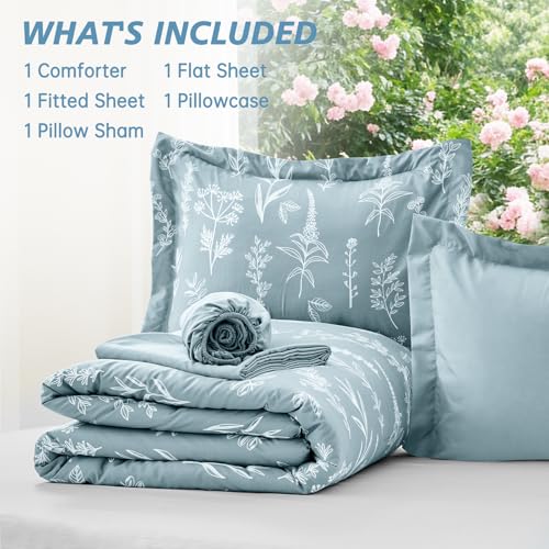 Image of MUXHOMO Mineral Blue TwinXL Comforter Set, Elegant Floral Print Bed in a Bag 5 Pieces, Ultra Soft & Breathable Reversible Botanical Pattern Bedding Set with Comforter, Sheets, Pillowcase, and Sham