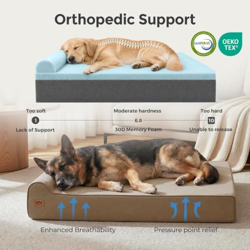 Image of Sytopia Orthopedic Dog Beds for Large Dogs - 7 inch Extra Thick Memory Foam Pet Couch for Senior Dogs and Great Danes with Waterproof Liner & Washable Cover, Nonskid Bottom, 46 inchx28 inchx7 inch, Brown