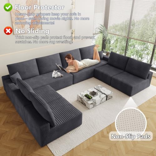 Image of Oversized Modular Sectional Sofa Couch,Large 8 Seater Corner Sofa Modern U Shaped Sectional Couch Cloud Couches for Living Room,Office,Spacious Space,Corduroy,No Assembly Required,Dark Grey