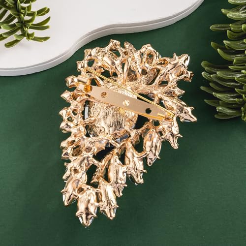 Image of SELOVO Leaf Flower Green Rhinestone Crystal Brooch Pin Accessory Gold Tone