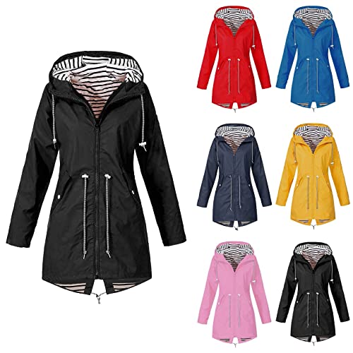 Womens Rain Jackets,Plus Size Waterproof Lightweight Adjustable Windproof Raincoat, Active Outdoor Hooded Windbreaker Zip Up Trench Coat With Pockets(A-Black,L) #TOP25