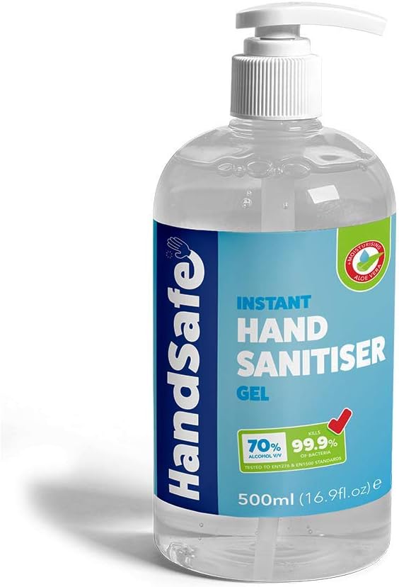 500ml Instant Hand Sanitiser Gel Pump Bottles from Handsafe, Kills 99.9%+ Bacteria, 70% Alcohol Based, Medical Grade, Anti Bacterial Fast Acting Formula