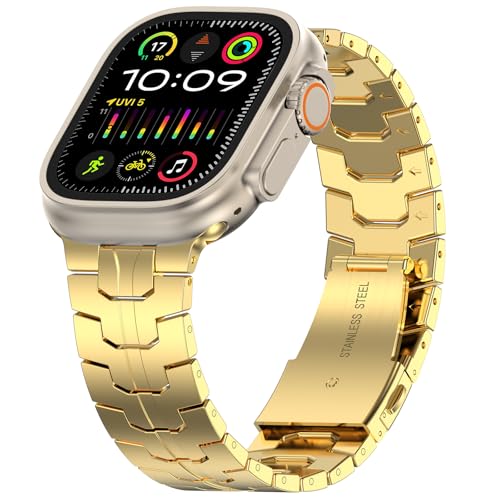 Image of MioHHR Stainless Steel Bands for Apple Watch 49 /46 /45 /44 /42mm(Series 3 /2 /1) | Adjustable Metal Strap Band for Men, fits iWatch Series 11 10 9 8 7 6 5 4 3 2 1, SE3, SE2, SE, Ultra 3 /2 /1, Gold
