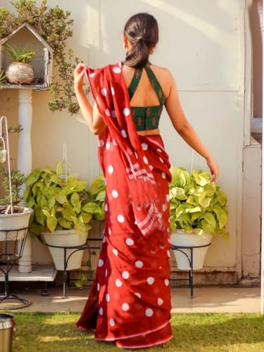 Image of Sidhidata Women's Polka Dot Printed Linen Cotton Saree With Unstitched Blouse Piece (Laddu Free Size)