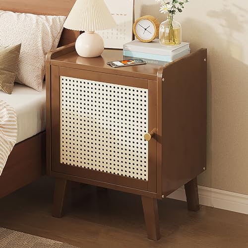 Table de Chevet Moderne en Bambou Marron 31x26x38cm avec Porte en Rotin