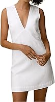 CHARTOU Women's Cotton Linen Sleeveless V-Neck Mini Dress - Cinched A-Line Tank Short Dress for Summer