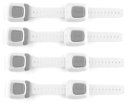 YANCI Multifunction Double Button Adjustable Straps Children Safety Lock Baby Proof Latches for Door, Drawers, Oven, Refrigerator, Toilet Seat, Closet and Cupboard (Pack of 4, White-Grey)
