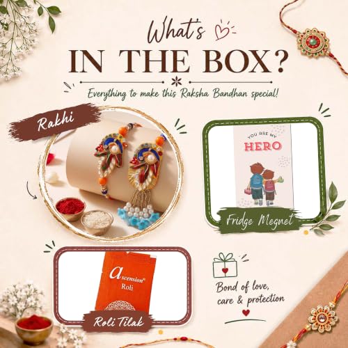 Image of ascension Premium Designer Bhaiya Bhabhi Couple Rakhi Bracelet Set Ethnic Raksha Bandhan Gift with Roli Tilak & You are My Hero Fridge Magnet
