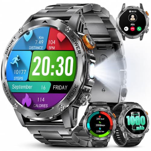 LIMIGE Montre Connectée Homme avec 1000mAh/1.75" Grand Écran/LED Lampe/3 Bracelets,5ATM Étanche Smartwatch Homme avec Appel Bluetooth,24H Fréquence Cardiaque/Sommeil/Podomètre Android iOS Carbone Mat