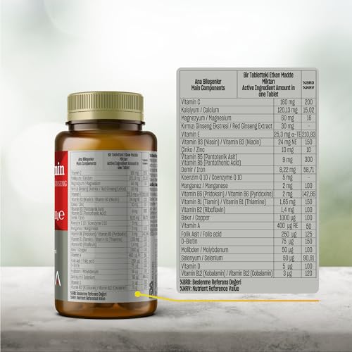 Talya MULTİVİTAMİN - KIRMIZI GİNSENG VE KOENZİM Q 10 İçeren Takviye Edici Gıda - 12 Vitamin ve 8 Mineral ile Zengin Destek Takviyesi - Enerji, Canlılık - 60 Tablet