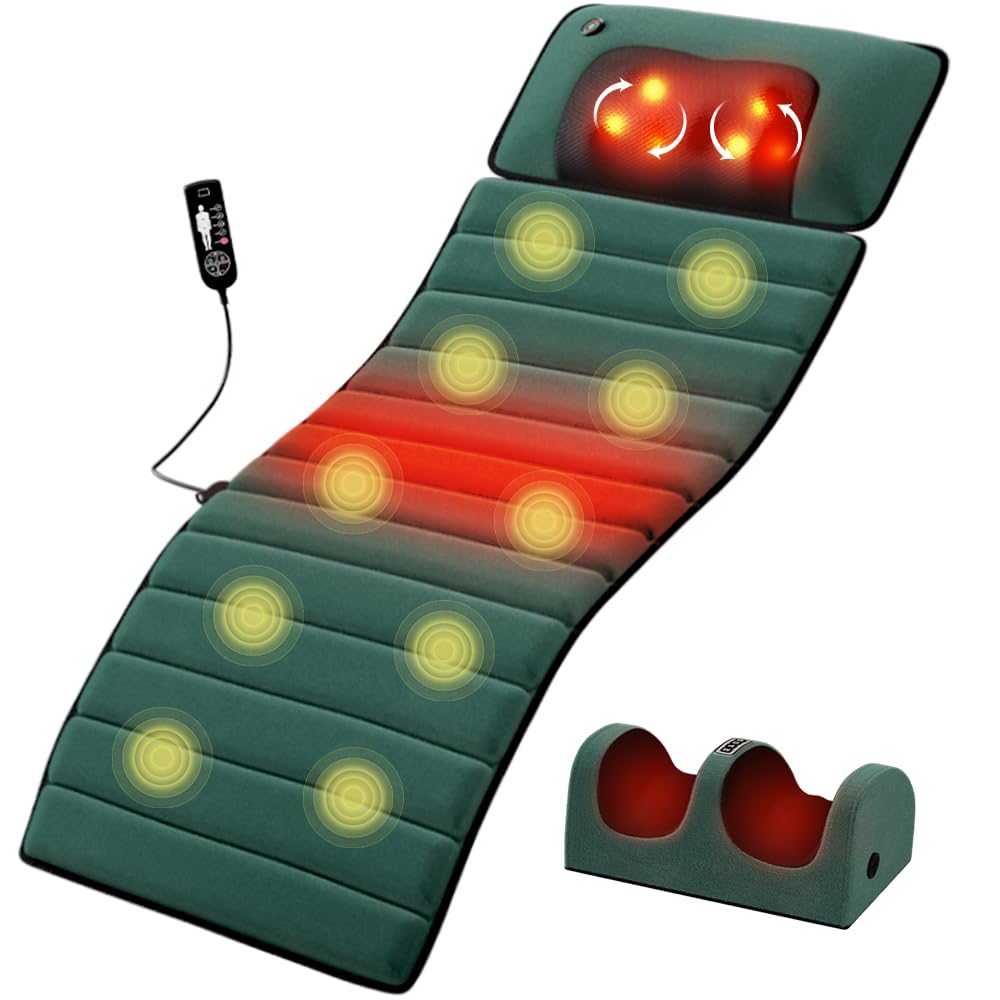Tapis Massage Électrique Chauffant 155x50cm, Mémoire de Forme, Vert Foncé