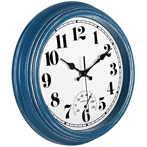 Jenlystime 12 Inch Indoor/Outdoor Retro Waterproof Wall Clock With Thermometer Silent Round Quartz Battery Operated Easy To Read Decorative For Kitchen Patio,Bathroom,Deck,Porch,Pool(Blue) #TOP2