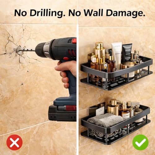 Image of TEKCOOL Bathroom Shelf Without Drill for Wall | Self Adhesive Bathroom Organiser | Wall Mounted Bathroom Shelves Rack | Strong Adhesive Storage Organizer Stand (Black, Pack of 2)