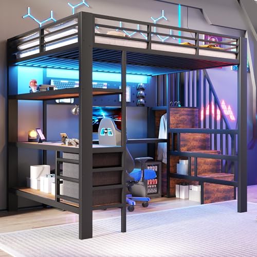 Lit mezzanine avec éclairage LED et prise de courant 140x200 cm, Cadre de lit en métal avec planche suspendue et table,Lit mezzanine double avec tiroirs et rangement,...