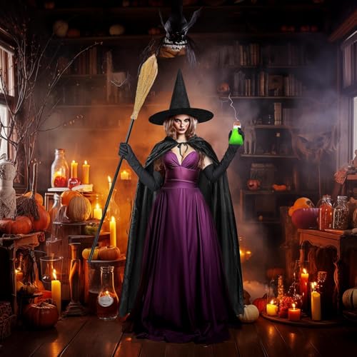 iZoeL Karneval Hexenkostüm Damen Hexenhut Hexenumhang 170cm Hexenbesen Hexehandschuhe Hexen Trankflasche Kanerval Fasching Mottoparty Teufel Kostüm für Damen Frauen