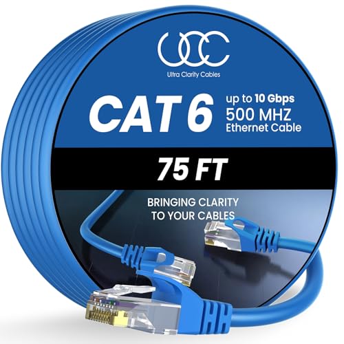 Cat 6 Ethernet Cable 75 ft, 10Gbps High Speed Ethernet Cable, Internet Cable Outdoor&Indoor, Rj45 Cat6 Cable Long Ethernet Cable for Computer, Router, Modem, PS4/5, Xbox, Gaming- Blue