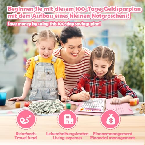 Fettwal 100 Envelope Saving Challenge, Sparbuch für Geld Challenge, A5 Geld Sparen Challengers Geldsparmappe, mit 3 Speicherkarten & Aquarellstift, Sparbuch für Haushaltsgeld Sparchallenge (Rosa)