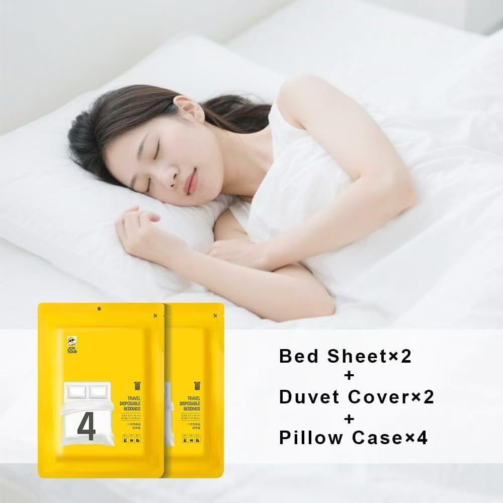 48pcs Disposable Travel Set: Bed Sheet*2 Duvet Cover*2 Pillow case*4 Bath Towels*4 Shower Caps*4 Plastic Bathtub Bag*5 Toilet Seat Covers*4 Compression face Towel*15 Toothbrushes*4 Slippers*4