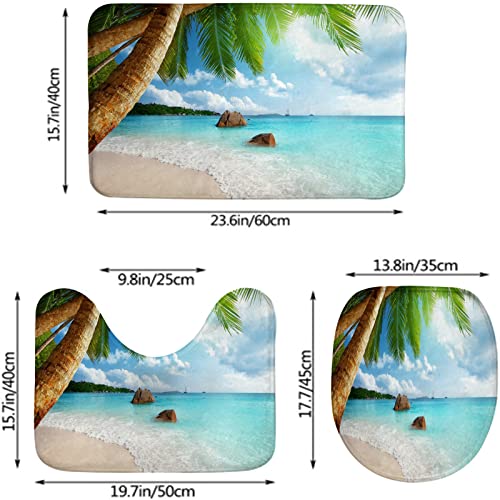 Badezimmerteppich-Set, 3-teilig, tropisches Strandthema, Palmenblau, waschbare Badeteppiche, rutschfest, mit Rückenpolster, Konturteppich und Toilettendeckelbezug – Bild 3