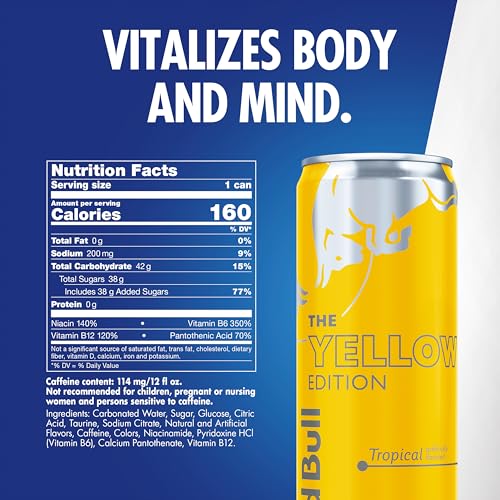 Image of Red Bull Yellow Edition Energy Drink, Tropical, with 114mg Caffeine plus Taurine & B Vitamins, 12 Fl Oz, 6 Packs of 4 Cans (Pack of 24)