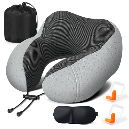 Zepphi Almohada de Viaje para Cuello, Cojin Cervical Viaje de Espuma Memoria, Almohada Cuello para Oficina Avión Tren Coche Viajando, Suave y Ajustable, con Máscara de Ojos, Tapones y Bolsa (Gris)