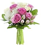 KaBloom Flowers -Valentine's Day Collection-5 Pink Rose 4 White Rose 5 Pink Tulip 1 White Hydrangea, Greens without vase, Gift for Birthday, Sympathy, Anniversary,Valentine, Mother’s Day