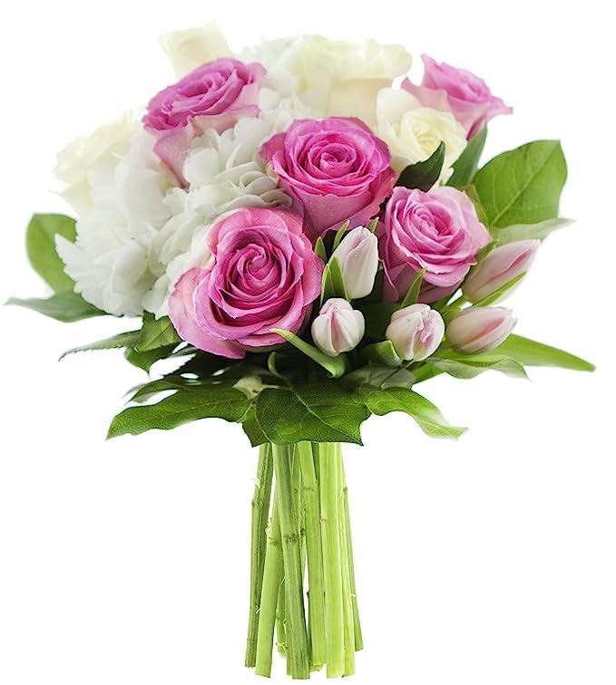 KaBloom - Bouquet of Purple Roses,White Hydrangea,Purple Orchids and Greens with Vase - Fresh Flowers for Birthday, Valentine's & Mother's Day: Without Vase Roses and Hydrangeas Bouquet