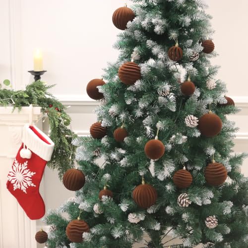 Image of 3.15In Brown Velvet Christmas Ornaments Set,12Pcs Flocked Ornaments Balls