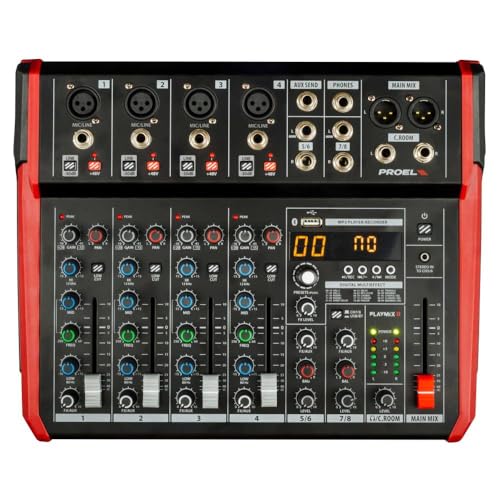 PROEL Proel PLAYMIX8 - Mixer audio a 8 ingressi con modulo bluetooth, lettore MP3 e Registrazione stereo su USB, Nero rifiniture in Rosso