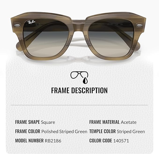 Image of Ray-Ban RB2186 STATE STREET Square Shaped Sunglasses for Women with Official RAYBAN Eyewear Kit