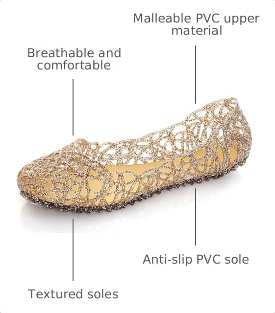 Image of Stunner Women Beach Jelly Shoes Slip On Crystal Summer Hollow Ballet Flats | Summer Cool PVC Breathable Outdoor Indoor Dressy Flat Sandals for Holiday Shopping Spa Swimming Pool