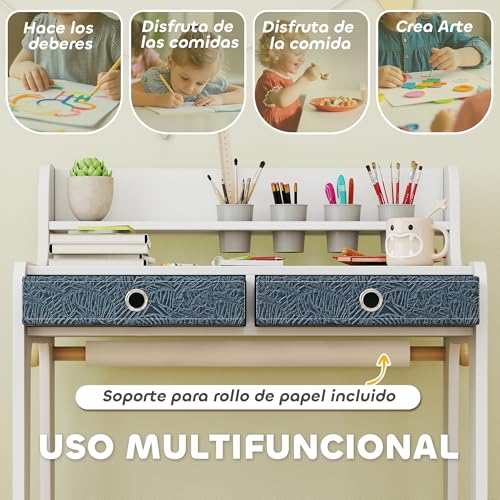 AIYAPLAY Escritorio Infantil con Silla, Pupitre Infantil con 2 Cajones Extraíbles, Estante y Portavasos, para Estudiar, Leer y Dibujar, Mesa para Niños para Dormitorio, Sala Estudio, Blanco - imagen 3