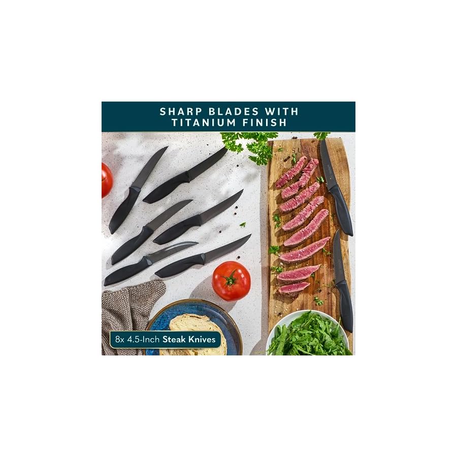 Home Hero Kitchen Knife Set with Sharpener - High Carbon Stainless Steel Knife Block Set with Ergonomic Handles (16 Pcs - Black)