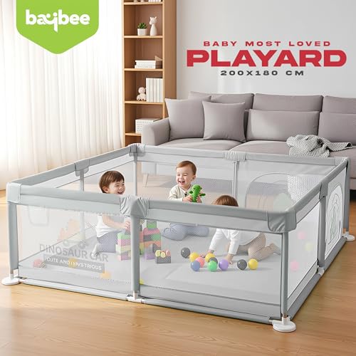 Image of Baybee JoyHub Kids Playpen for Babies | Baby Play Area Indoor Setup with Zipper Door & Toys Pouch | Kids Activity Playards with Corner Protection | Outdoor play pen for baby for 0 - 5 years Boys Girls (200 x 180 CM - Light Grey)