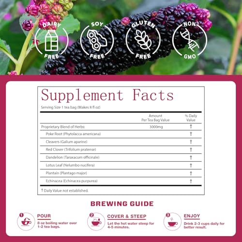 Image of VailHerbTea Lymphatic Drainage Poke Root Extract Tea -50 Bags, Herbal Tea for Lymph System & Immune Support, Natural Formula w /Cleavers Red Clover for Detox Cleanse - Caffeine-Free, Mild Taste Tea.