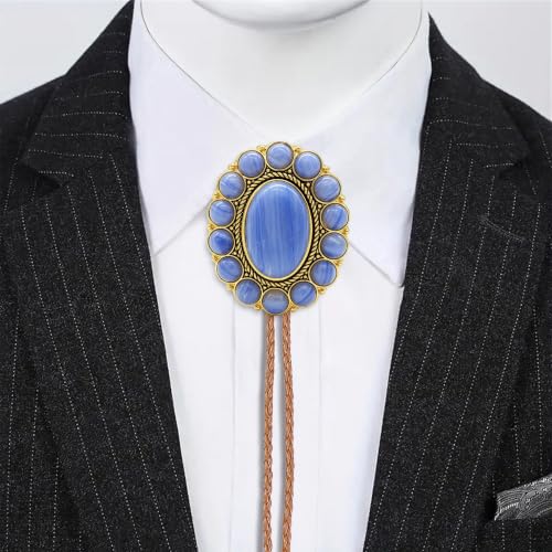 Image of GelConnie Bolo Tie for Men Women Western Cowboy Turquoise Leather Necktie | Natural Stone Bolo Tie Necklace for Women Rodeo Cowboy Leather Necktie Native American Western Cowgirl Ties Adjustable Cord