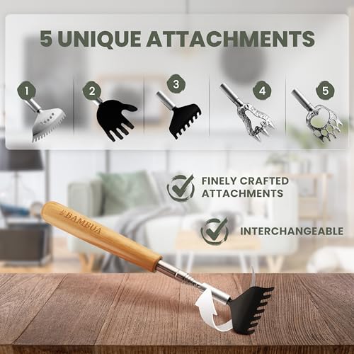 BAMBUA Back Scratcher - (Including 5 Attachments) Bamboo Handle - Extendable Back Scratcher for Men and Women - Effortlessly Reach Every Spot - Premium Stainless Steel Backscratcher - Perfect Gifts - 2