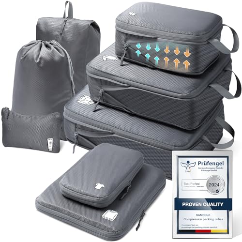 Cubes de compression de voyage : lot de 8 organiseurs de compression résistants à l'eau, accessoires de voyage pour bagages à main, valises et sacs à dos,...