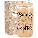Fairy's Gift Books & Coffee Glass Cup with Lid Straw, 16 oz Reading Iced Coffee Tumbler Cup, Book Lovers Club Bookish Gifts for Women Men, Mothers, Birthday Reading Bookworm Gifts for Reader