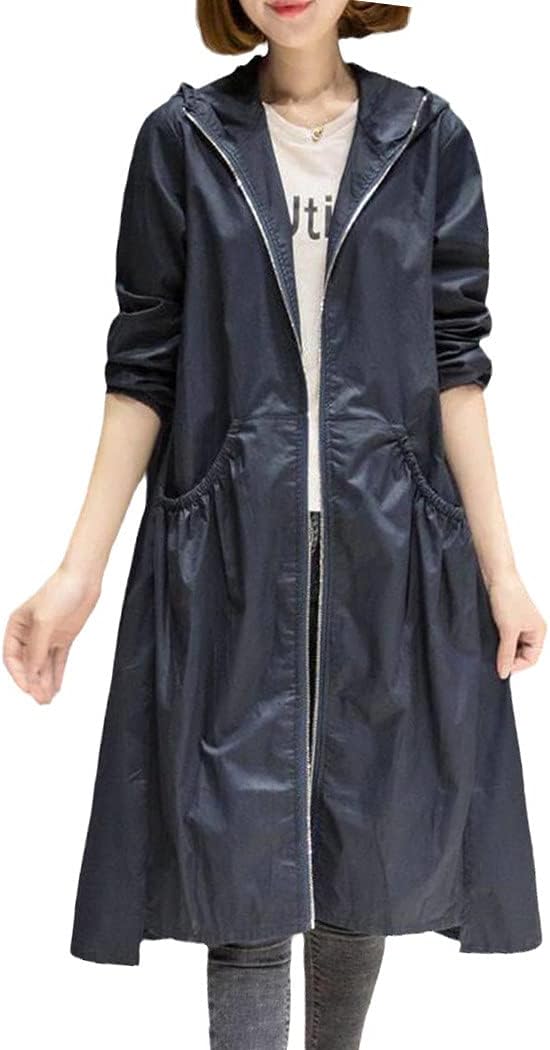 Spring Summer Hooded Straight Trench Coat Women's Long Loose Coat Zipper Trench Coat