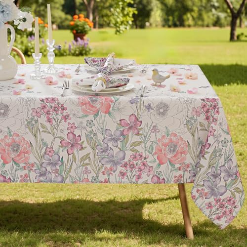 Honellaty Spring Summer Wildflowers Floral Herbs Tablecloth, Washable Wrinkle Free Elegant Texture Colorful Table Cover for Party Picnic Dinner Decor。52 x 70 Inch Rectangular