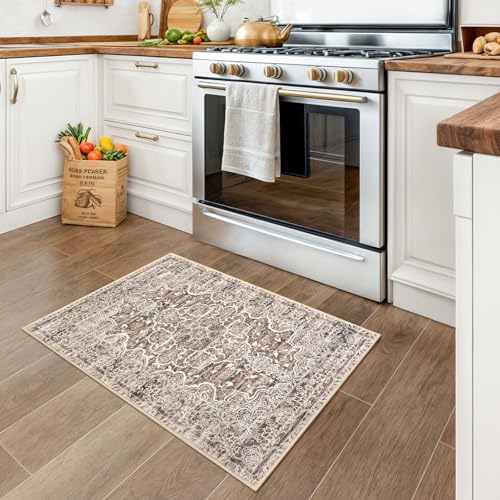 KUTA Vintage Floral Rugs 2x3 Washable Entryway Small Area Rug Non-Slip Ultra Soft Brown Doormat Indoor Printed Retro Distressed Accent Kitchen Throw for Entrance Bedroom