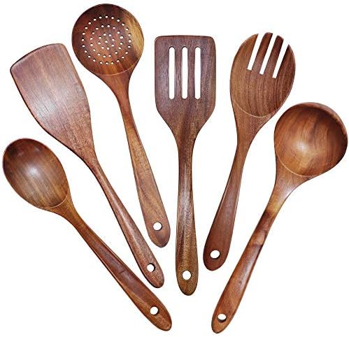 Wooden Utensils Set of 6, Large Kitchen Cooking Utensil for Non Stick Cookware, Natural Teak Wood Spoons Spatula Ladle Colander, Durable Seamless Kitchen Tools