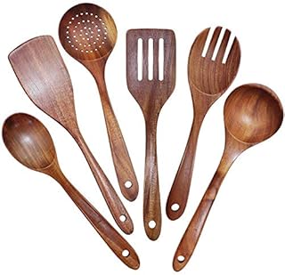 Wooden Utensils Set of 6, Large Kitchen Cooking Utensil for Non Stick Cookware, Natural Teak Wood Spoons Spatula Ladle Colander, Durable Seamless Kitchen Tools