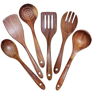 Wooden Utensils Set of 6, Large Kitchen Cooking Utensil for Non Stick Cookware, Natural Teak Wood Spoons Spatula Ladle Colander, Durable Seamless Kitchen Tools