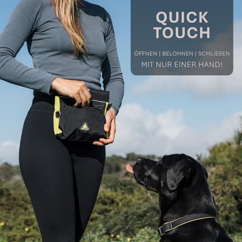 ASCO Leckerlitasche für Hunde - Leckerlibeutel mit Einhand-Schnappverschluss - Futterbeutel Hunde 20 x 20 cm - Hundetraining Bauchtasche mit viel Platz, Bauchgurt und waschbarer Innentasche, schwarz