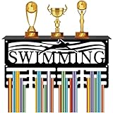 CREATCABIN Regal Zur Ausstellung Schwimmmedaillen Trophäenhalter 3Reihe Für 60+Medaillen Rechteckiges Eisen Schwarz Wandmontage Band Auszeichnungsständer Aufhänger Für Heimsportler Athleten 40x20x10cm