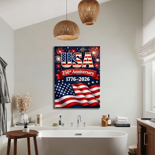 Image of USA 250th Anniversary 1776-2026 Canvas Wall Decor, Patriotic Fireworks American Flag Wall Art, Independence Day Framed Canvas Prints for Home & Holiday Decoration, Made in USA