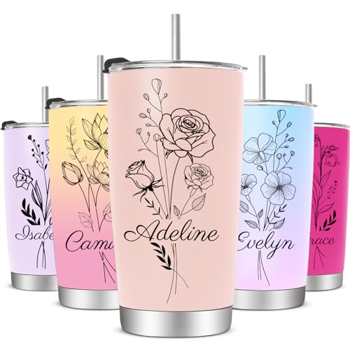 Image of Personalized Tumblers with Names Picture, 15 Colors 20 oz Custom Birth Flower Insulated Tumblers Cups with Straw, Personalized Birthday Gifts for Women Mom Grandma