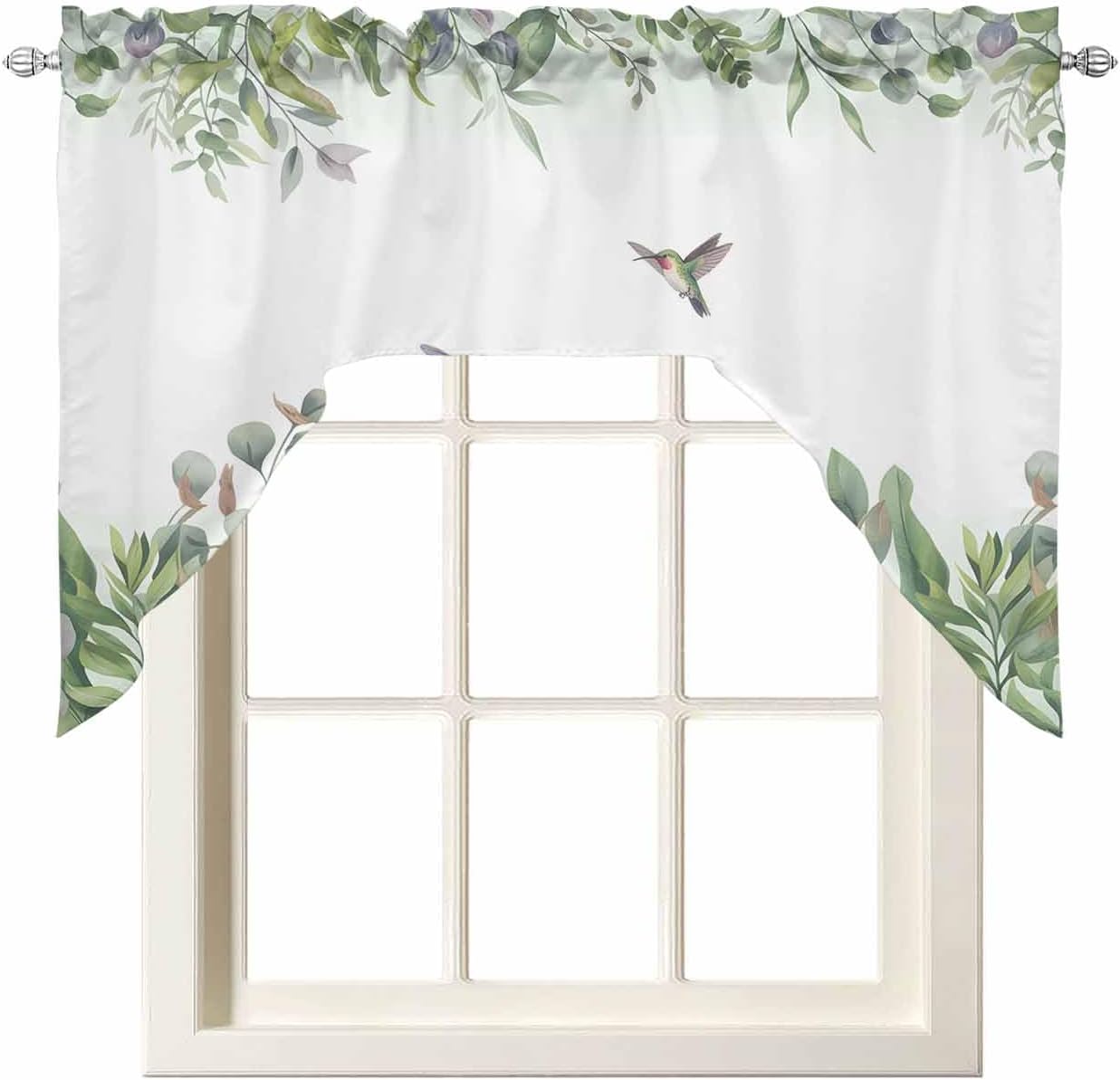 Green Eucalyptus Kitchen Swag Valance and Tier Curtains Set, 24 Inch Length, Animal Bird Botanical Plant Herb Rod Pocket Drape Panels Pair for Bathroom/Cafe/Window